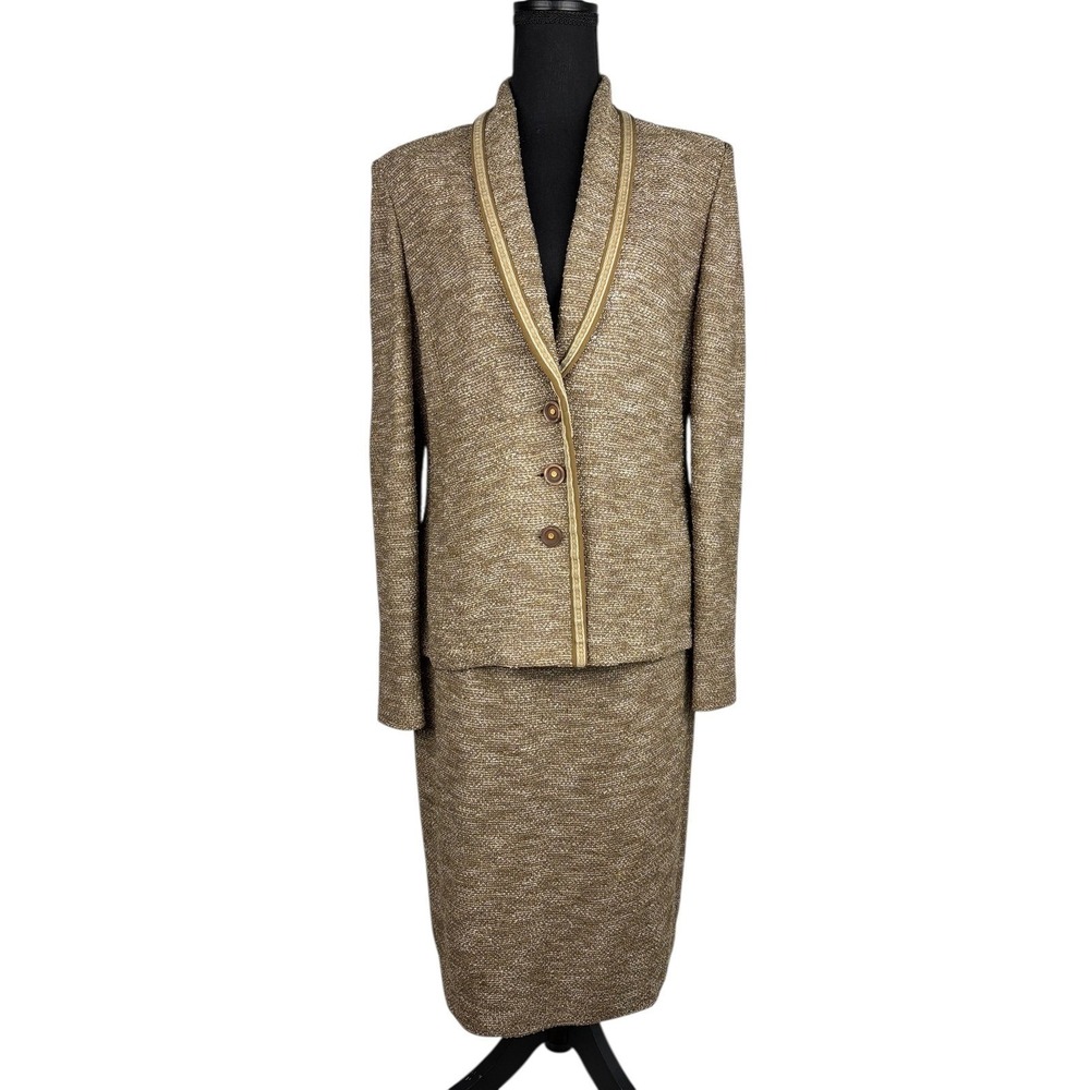 St. John Collection Knit Skirt Suit Tan/Brown - Blazer size 6/Skirt size 8